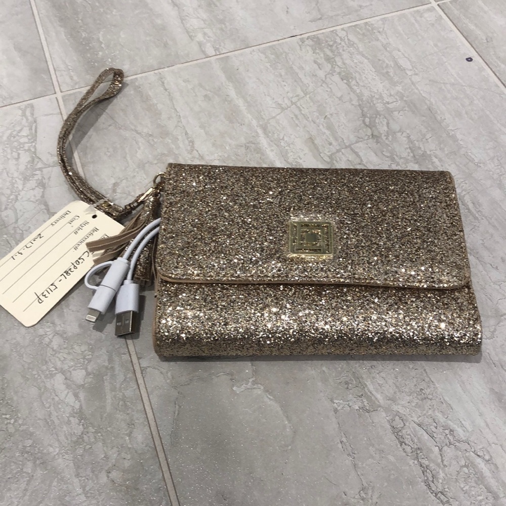 Gold Glitter Clutch with phone charger